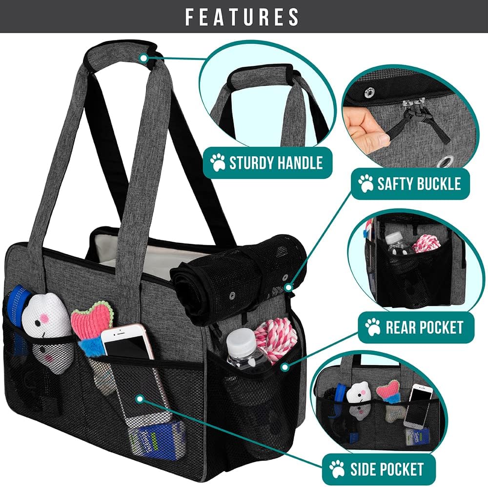 Small Dog Purse Carrier, Soft-Sided Pet Carrier Bag with Pockets, Portable Puppy Cat Travel Handbag Tote, Airline Approved Breathable Mesh, Poop Bag Dispenser, Sherpa Bed, Max 18 lbs, Gray