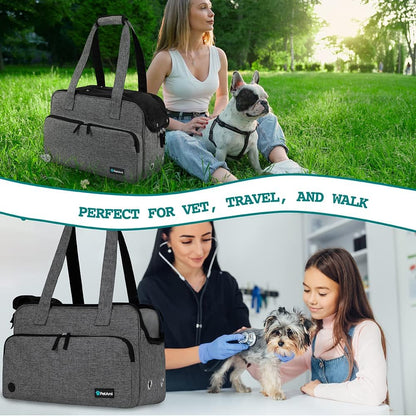 Small Dog Purse Carrier, Soft-Sided Pet Carrier Bag with Pockets, Portable Puppy Cat Travel Handbag Tote, Airline Approved Breathable Mesh, Poop Bag Dispenser, Sherpa Bed, Max 18 lbs, Gray