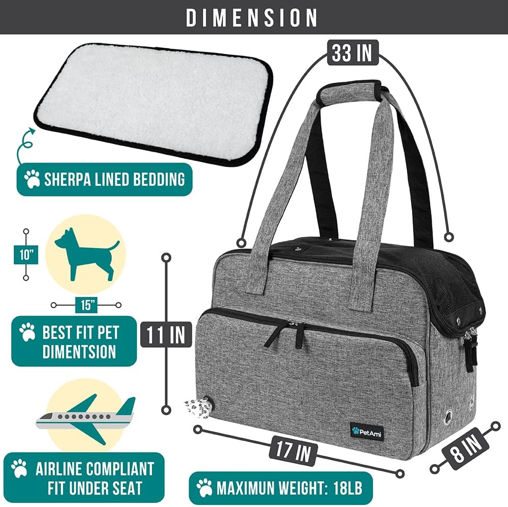 Small Dog Purse Carrier, Soft-Sided Pet Carrier Bag with Pockets, Portable Puppy Cat Travel Handbag Tote, Airline Approved Breathable Mesh, Poop Bag Dispenser, Sherpa Bed, Max 18 lbs, Gray