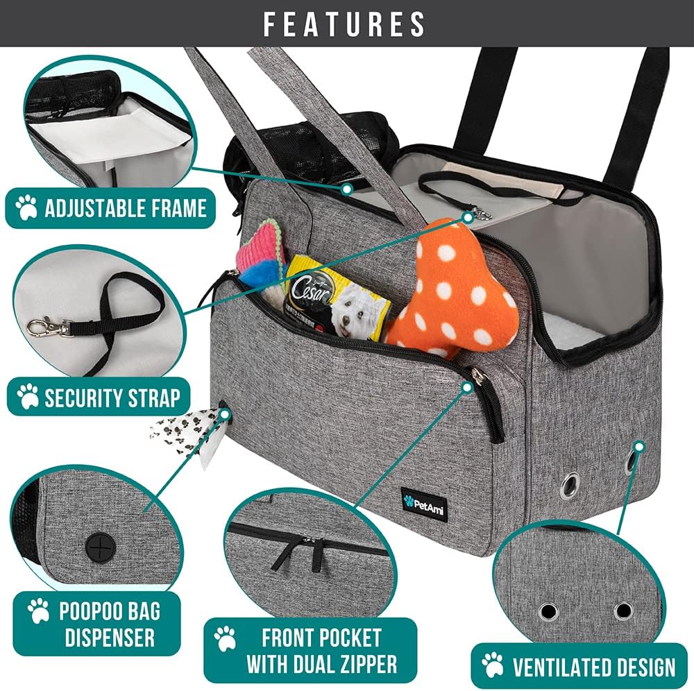 Small Dog Purse Carrier, Soft-Sided Pet Carrier Bag with Pockets, Portable Puppy Cat Travel Handbag Tote, Airline Approved Breathable Mesh, Poop Bag Dispenser, Sherpa Bed, Max 18 lbs, Gray