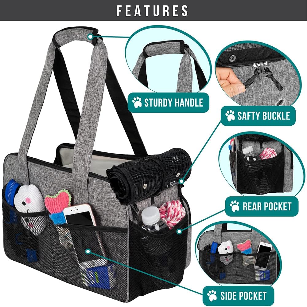 Small Dog Purse Carrier, Soft-Sided Pet Carrier Bag with Pockets, Portable Puppy Cat Travel Handbag Tote, Airline Approved Breathable Mesh, Poop Bag Dispenser, Sherpa Bed, Max 18 lbs, Gray