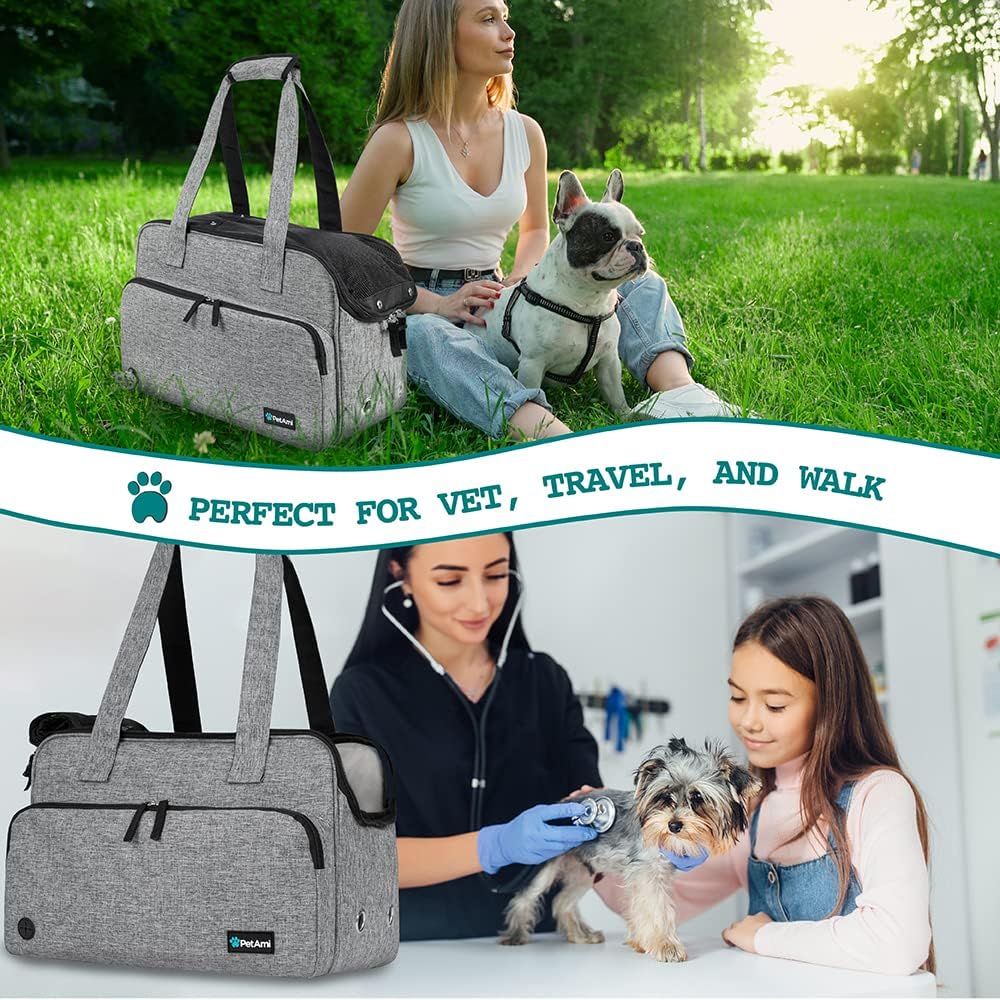 Small Dog Purse Carrier, Soft-Sided Pet Carrier Bag with Pockets, Portable Puppy Cat Travel Handbag Tote, Airline Approved Breathable Mesh, Poop Bag Dispenser, Sherpa Bed, Max 18 lbs, Gray