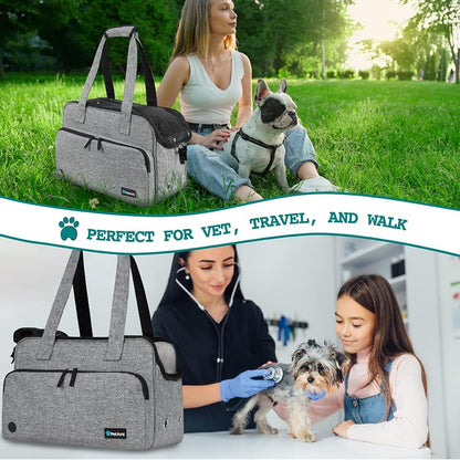 Small Dog Purse Carrier, Soft-Sided Pet Carrier Bag with Pockets, Portable Puppy Cat Travel Handbag Tote, Airline Approved Breathable Mesh, Poop Bag Dispenser, Sherpa Bed, Max 18 lbs, Gray