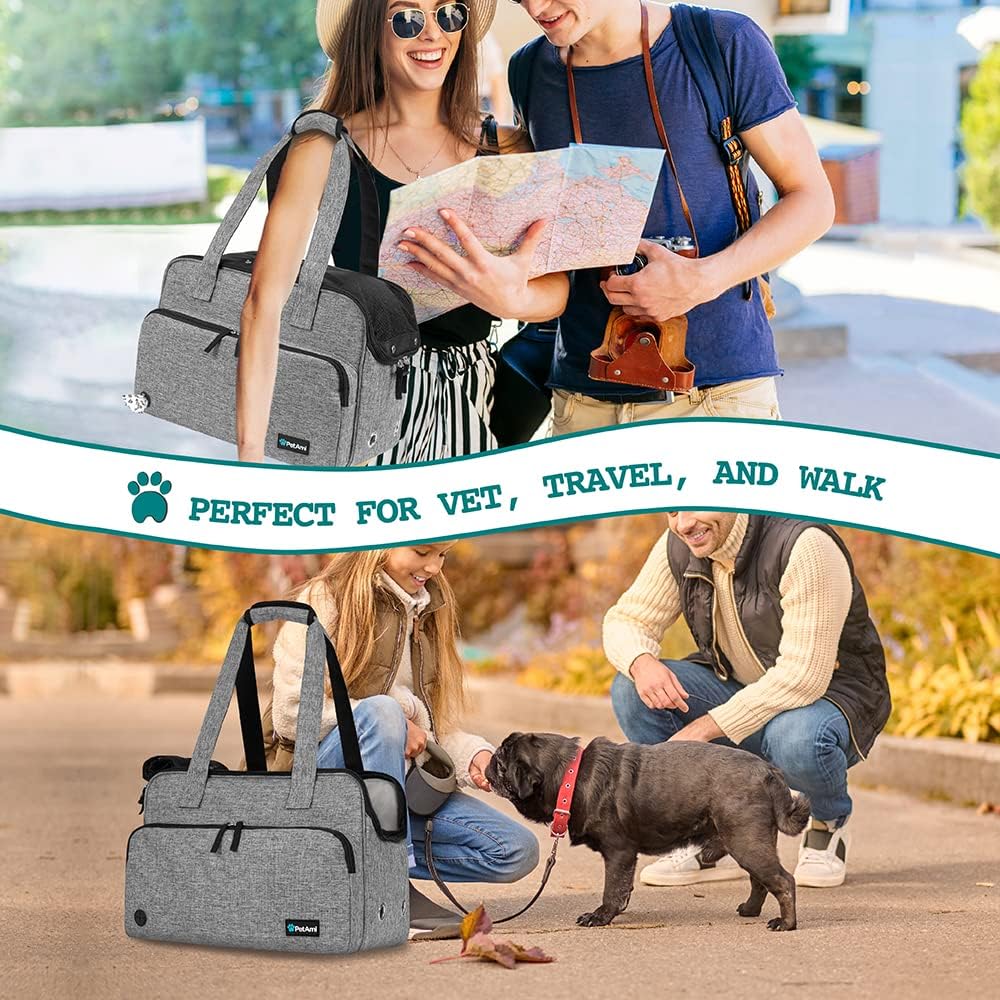 Small Dog Purse Carrier, Soft-Sided Pet Carrier Bag with Pockets, Portable Puppy Cat Travel Handbag Tote, Airline Approved Breathable Mesh, Poop Bag Dispenser, Sherpa Bed, Max 18 lbs, Gray