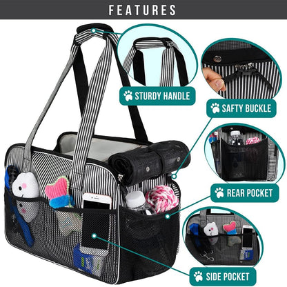 Small Dog Purse Carrier, Soft-Sided Pet Carrier Bag with Pockets, Portable Puppy Cat Travel Handbag Tote, Airline Approved Breathable Mesh, Poop Bag Dispenser, Sherpa Bed, Max 18 lbs, Gray