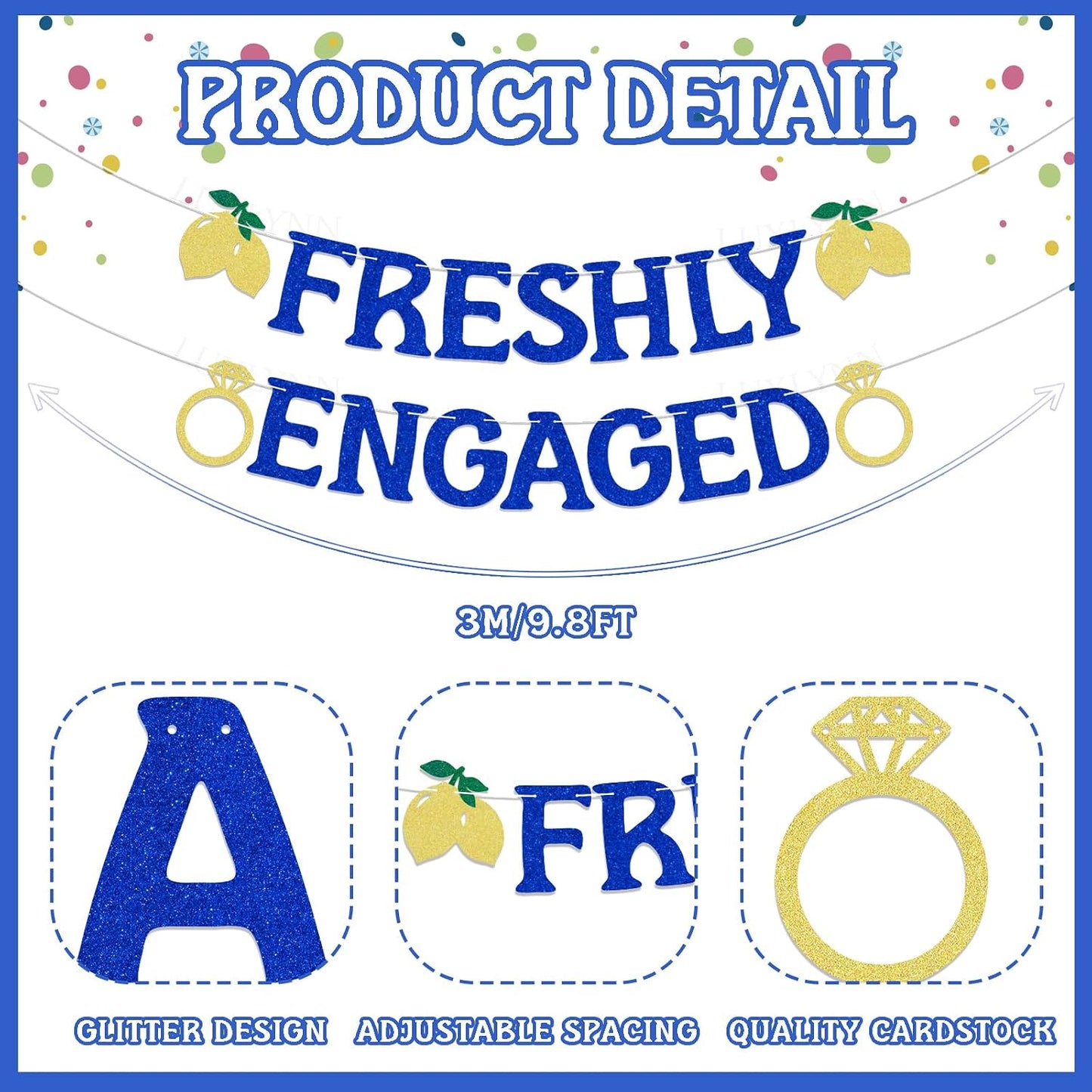 Lemon Engagement Bachelorette Party Decorations, Freshly Engaged Banner, Lemon Citrus Bridal Shower & Engagement Party Supplies Blue Glitter