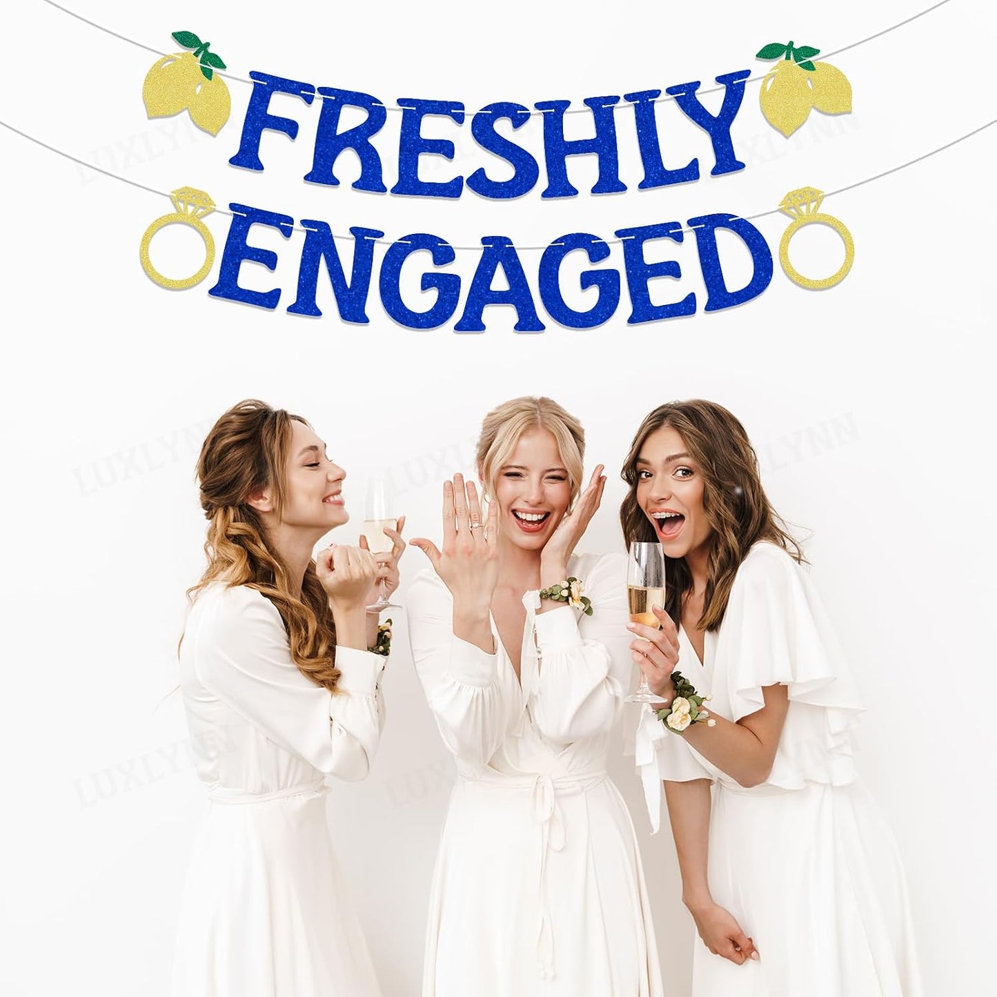 Lemon Engagement Bachelorette Party Decorations, Freshly Engaged Banner, Lemon Citrus Bridal Shower & Engagement Party Supplies Blue Glitter