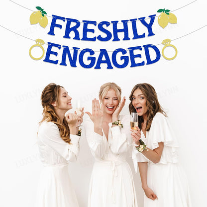 Lemon Engagement Bachelorette Party Decorations, Freshly Engaged Banner, Lemon Citrus Bridal Shower & Engagement Party Supplies Blue Glitter