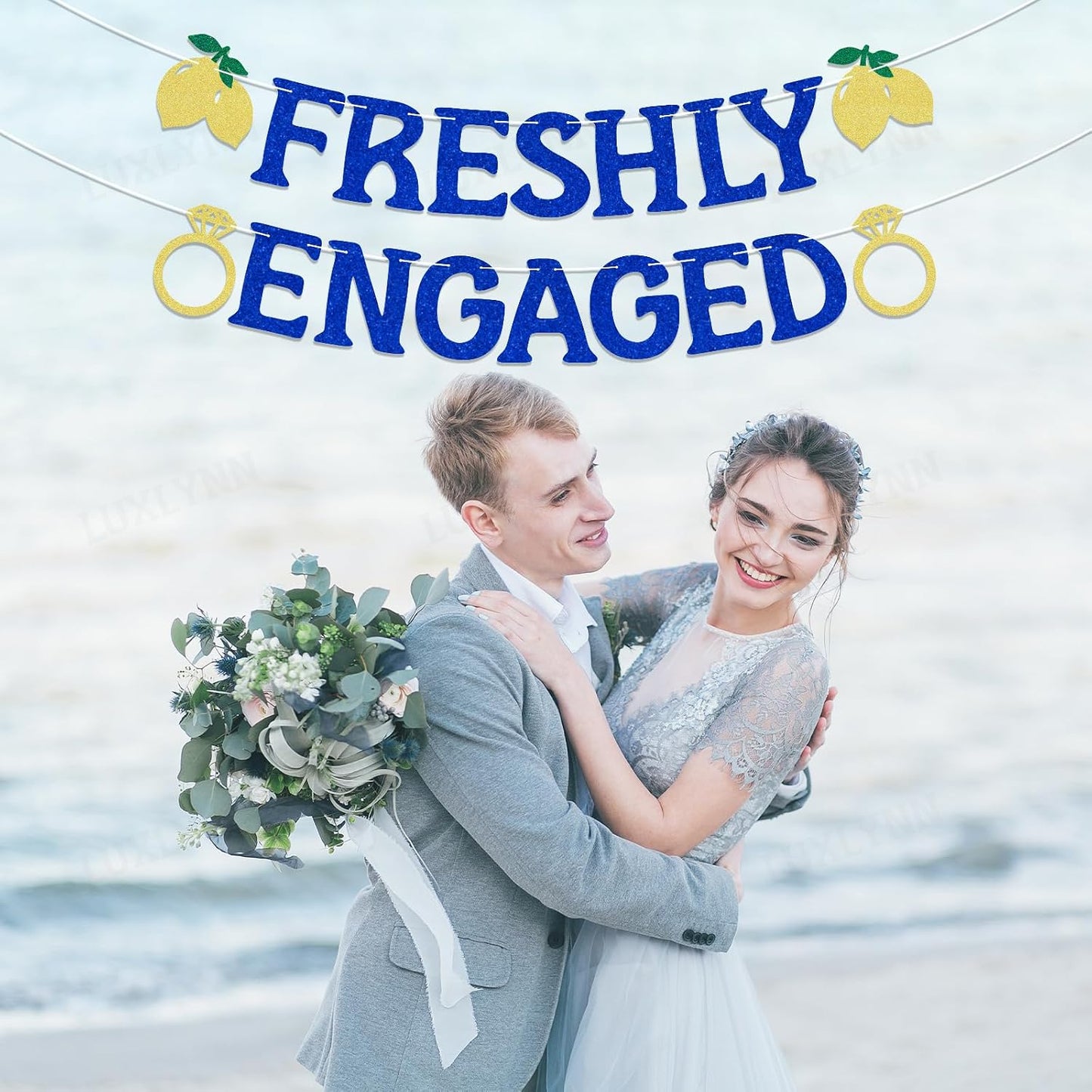 Lemon Engagement Bachelorette Party Decorations, Freshly Engaged Banner, Lemon Citrus Bridal Shower & Engagement Party Supplies Blue Glitter