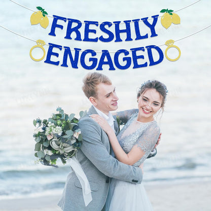 Lemon Engagement Bachelorette Party Decorations, Freshly Engaged Banner, Lemon Citrus Bridal Shower & Engagement Party Supplies Blue Glitter
