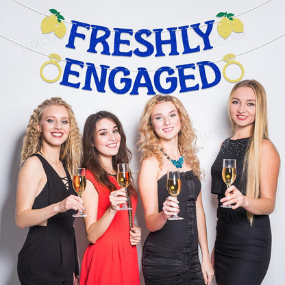 Lemon Engagement Bachelorette Party Decorations, Freshly Engaged Banner, Lemon Citrus Bridal Shower & Engagement Party Supplies Blue Glitter