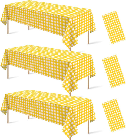 3 Pcs Yellow Gingham Tablecloth Decorations, Disposable Plastic Yellow Checkered Tablecloth Buffalo Plaid Table Cover for Baby Shower Bridal Wedding Birthday Party Supplies,54 x 108 Inch