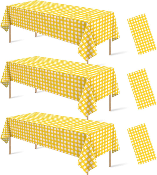 3 Pcs Yellow Gingham Tablecloth Decorations, Disposable Plastic Yellow Checkered Tablecloth Buffalo Plaid Table Cover for Baby Shower Bridal Wedding Birthday Party Supplies,54 x 108 Inch