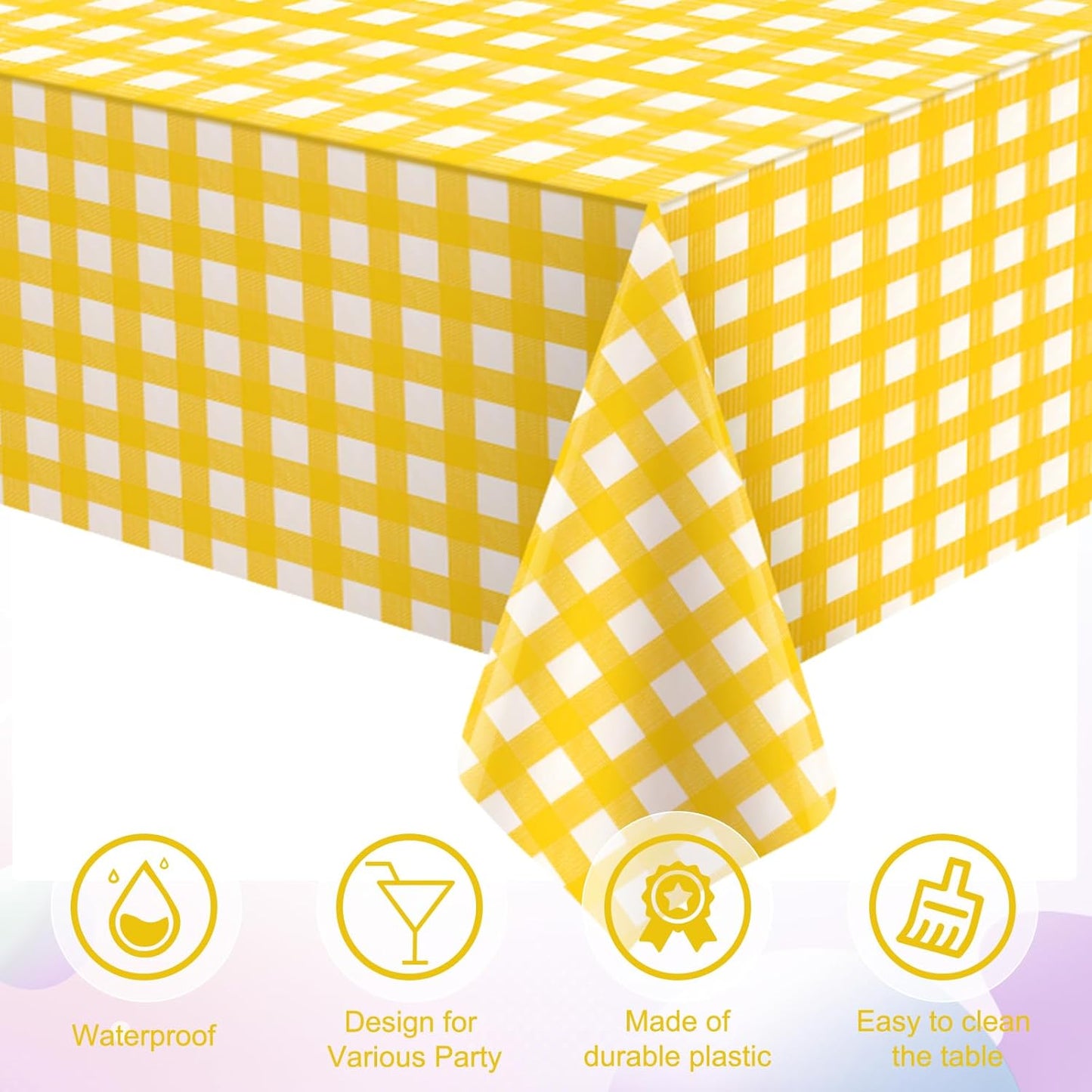 3 Pcs Yellow Gingham Tablecloth Decorations, Disposable Plastic Yellow Checkered Tablecloth Buffalo Plaid Table Cover for Baby Shower Bridal Wedding Birthday Party Supplies,54 x 108 Inch