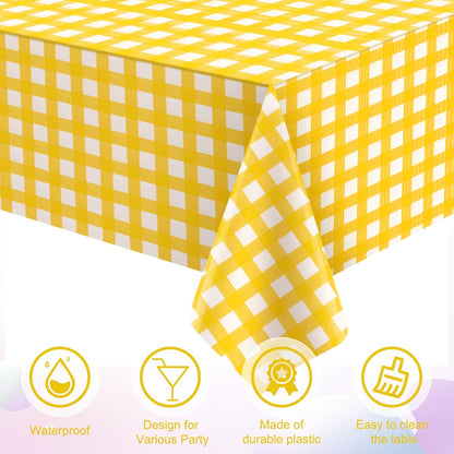 3 Pcs Yellow Gingham Tablecloth Decorations, Disposable Plastic Yellow Checkered Tablecloth Buffalo Plaid Table Cover for Baby Shower Bridal Wedding Birthday Party Supplies,54 x 108 Inch