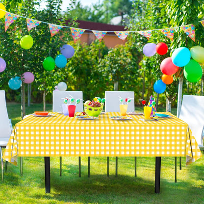 3 Pcs Yellow Gingham Tablecloth Decorations, Disposable Plastic Yellow Checkered Tablecloth Buffalo Plaid Table Cover for Baby Shower Bridal Wedding Birthday Party Supplies,54 x 108 Inch