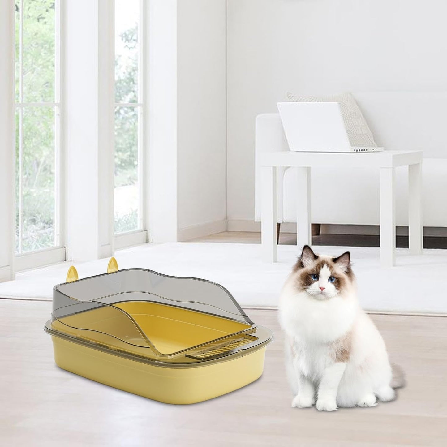 Large Open Top Cat Litter Box, High Sides Splashproof Kitty Litter Pan, 19.7 x 13.4 x 7.1 in, Yellow
