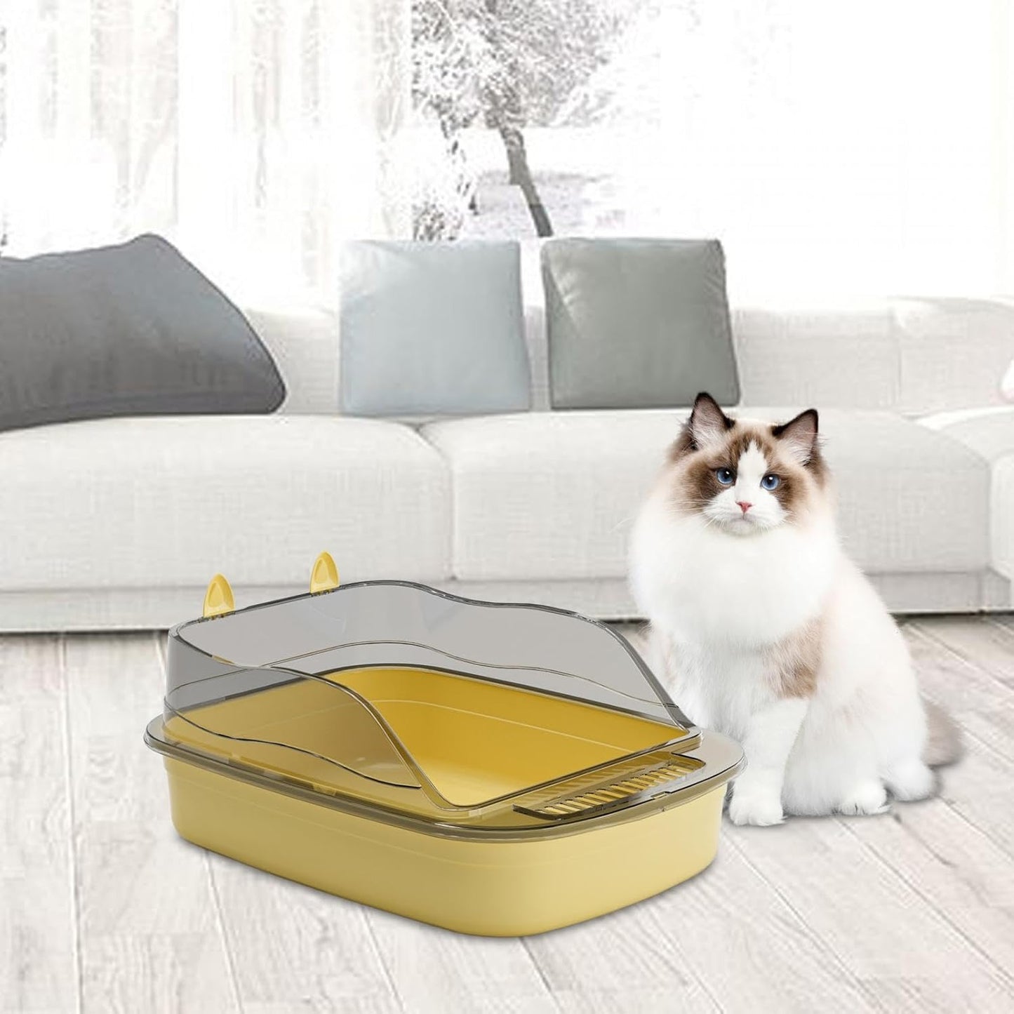 Large Open Top Cat Litter Box, High Sides Splashproof Kitty Litter Pan, 19.7 x 13.4 x 7.1 in, Yellow