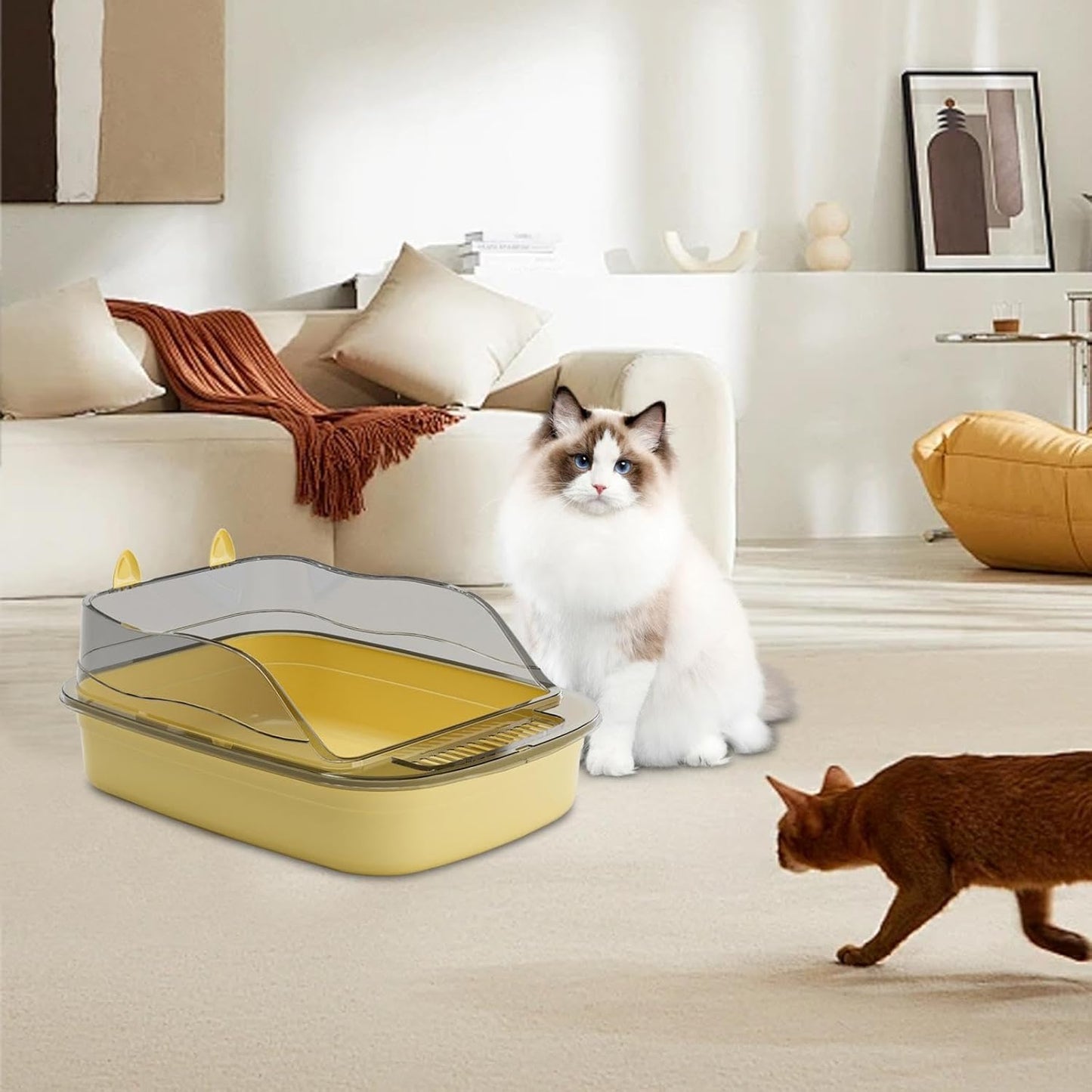 Large Open Top Cat Litter Box, High Sides Splashproof Kitty Litter Pan, 19.7 x 13.4 x 7.1 in, Yellow