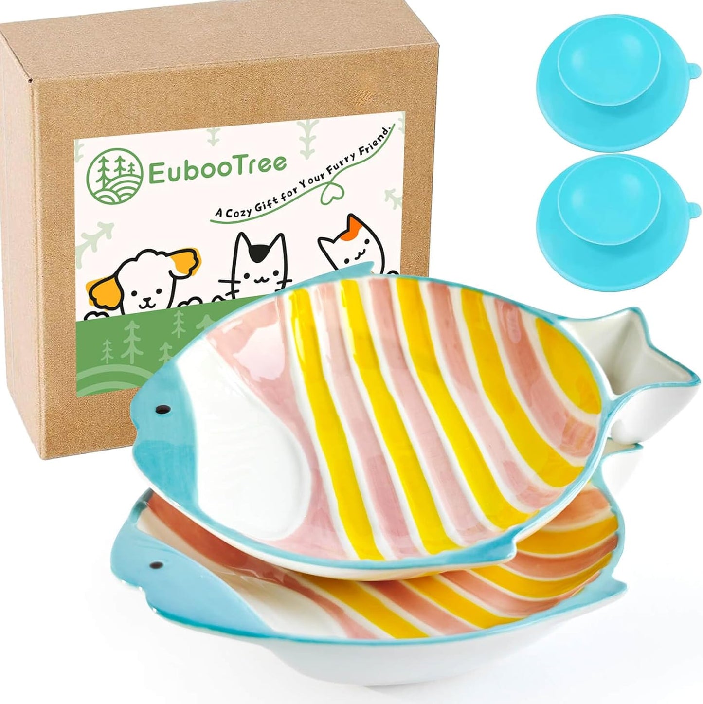 Ceramic Cute Fish Shaped Cat Food Bowl Set, Pink/Yellow, 2 Pack | Shallow Wide Flat, Whisker Friendly, Nonslip, for Dry and Wet Food, for Indoor Cats