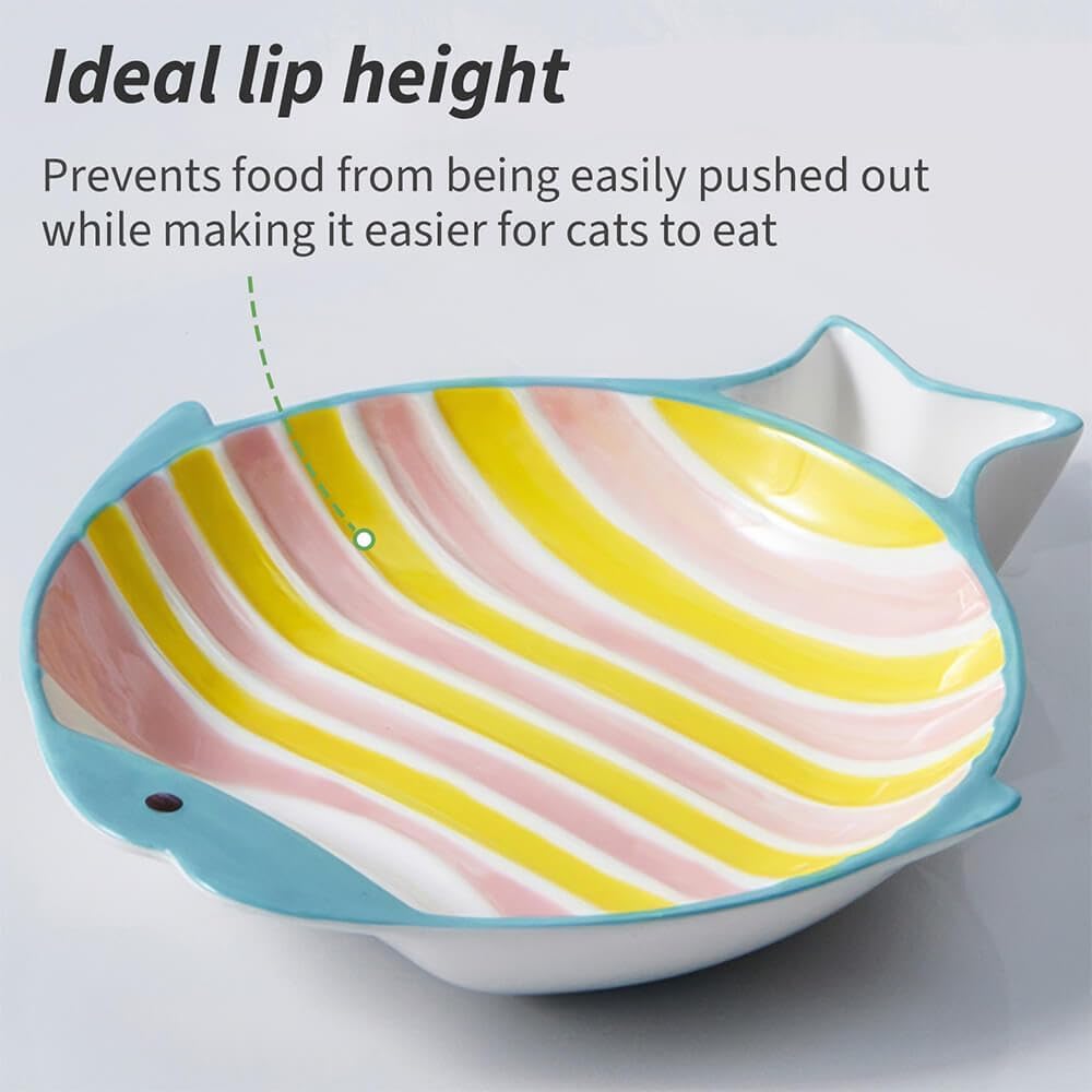 Ceramic Cute Fish Shaped Cat Food Bowl Set, Pink/Yellow, 2 Pack | Shallow Wide Flat, Whisker Friendly, Nonslip, for Dry and Wet Food, for Indoor Cats
