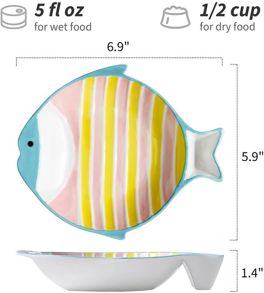 Ceramic Cute Fish Shaped Cat Food Bowl Set, Pink/Yellow, 2 Pack | Shallow Wide Flat, Whisker Friendly, Nonslip, for Dry and Wet Food, for Indoor Cats