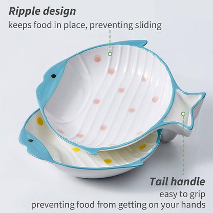Ceramic Cute Fish Shaped Cat Food Bowl Set, Pink/Yellow, 2 Pack | Shallow Wide Flat, Whisker Friendly, Nonslip, for Dry and Wet Food, for Indoor Cats