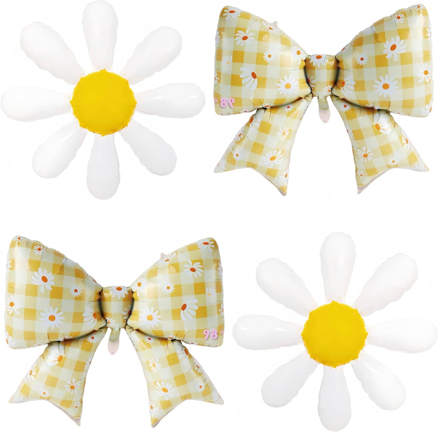 4Pcs Daisy Bow Balloons Yellow Gingham Floral Party Decor, Cute Coquette Bow and White Daisy Flower Balloons for Spring Summer Birthday Picnic Baby Shower Bridal Shower Groovy Garden Party Decor