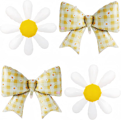 4Pcs Daisy Bow Balloons Yellow Gingham Floral Party Decor, Cute Coquette Bow and White Daisy Flower Balloons for Spring Summer Birthday Picnic Baby Shower Bridal Shower Groovy Garden Party Decor