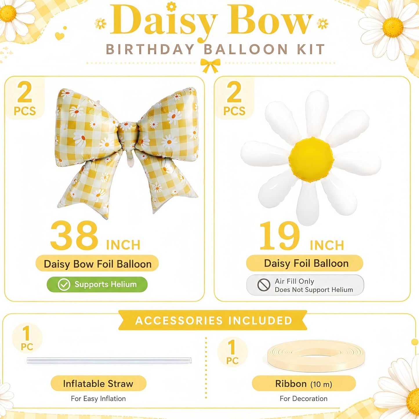 4Pcs Daisy Bow Balloons Yellow Gingham Floral Party Decor, Cute Coquette Bow and White Daisy Flower Balloons for Spring Summer Birthday Picnic Baby Shower Bridal Shower Groovy Garden Party Decor