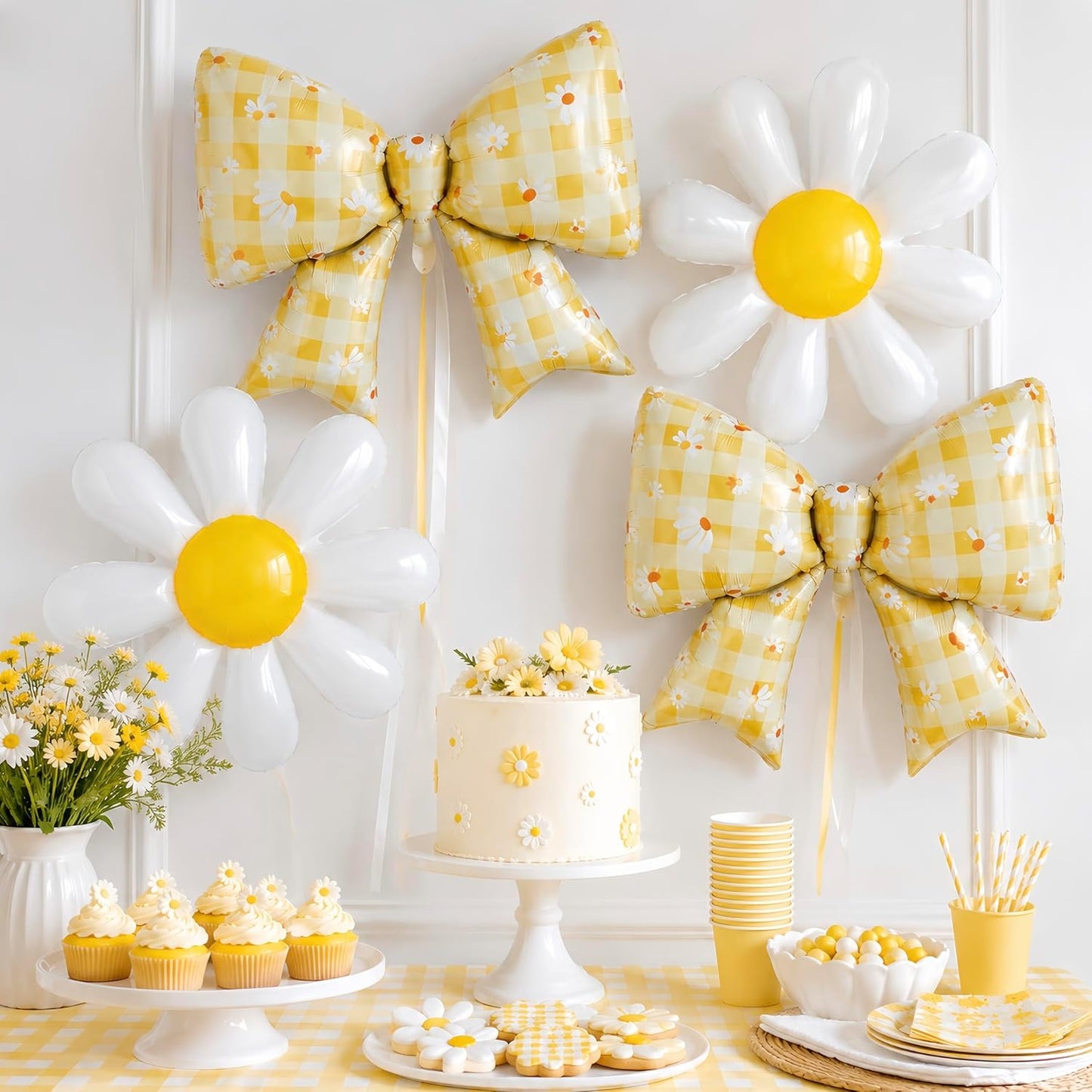 4Pcs Daisy Bow Balloons Yellow Gingham Floral Party Decor, Cute Coquette Bow and White Daisy Flower Balloons for Spring Summer Birthday Picnic Baby Shower Bridal Shower Groovy Garden Party Decor