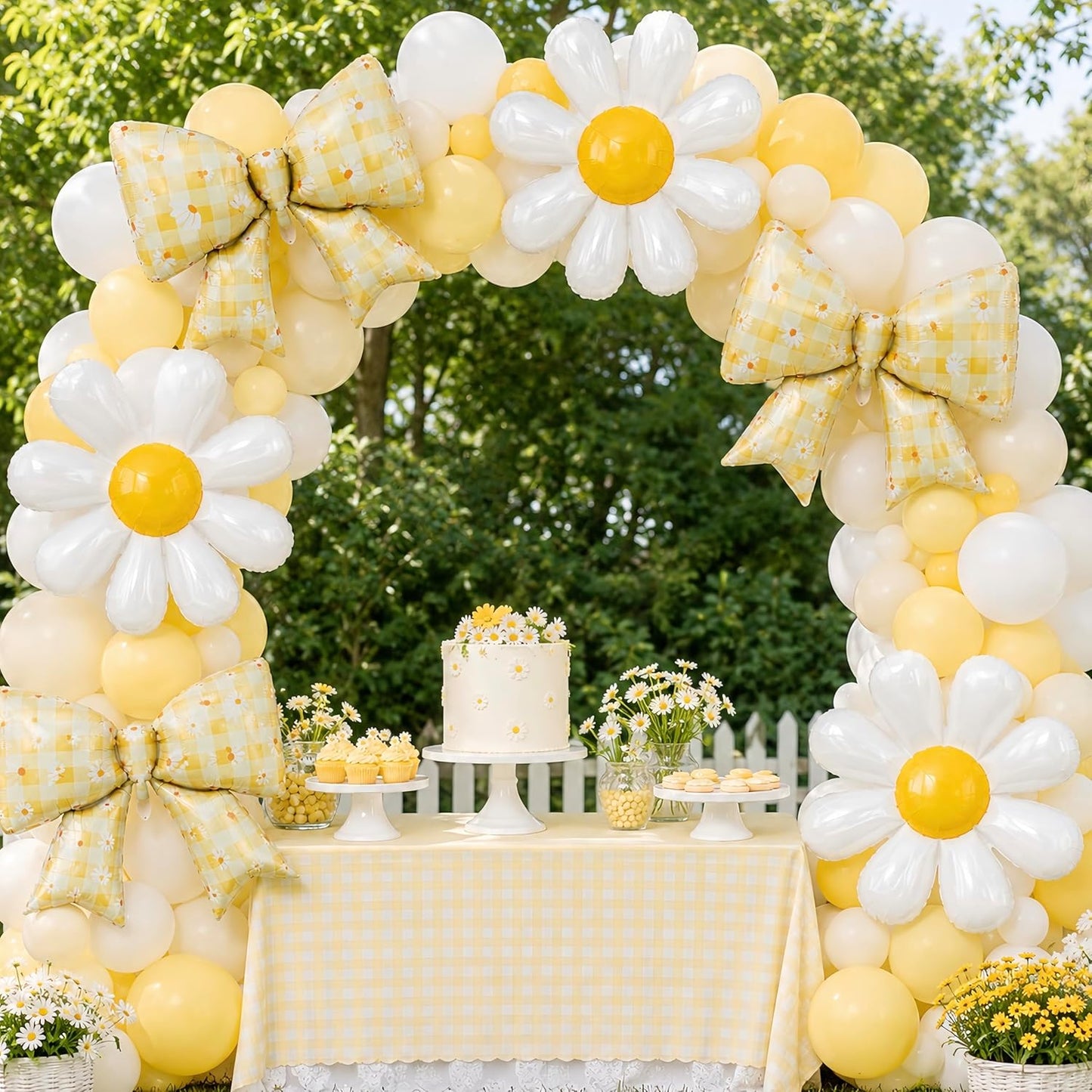 4Pcs Daisy Bow Balloons Yellow Gingham Floral Party Decor, Cute Coquette Bow and White Daisy Flower Balloons for Spring Summer Birthday Picnic Baby Shower Bridal Shower Groovy Garden Party Decor