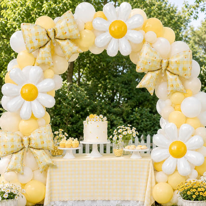 4Pcs Daisy Bow Balloons Yellow Gingham Floral Party Decor, Cute Coquette Bow and White Daisy Flower Balloons for Spring Summer Birthday Picnic Baby Shower Bridal Shower Groovy Garden Party Decor