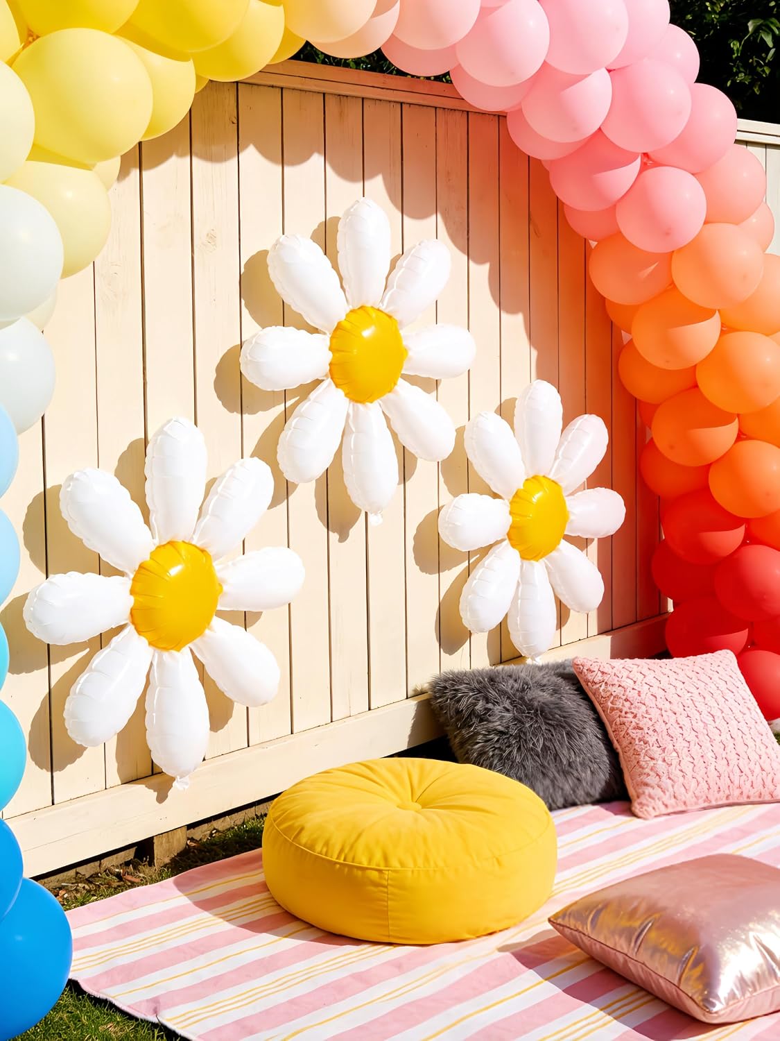 4Pcs Daisy Bow Balloons Yellow Gingham Floral Party Decor, Cute Coquette Bow and White Daisy Flower Balloons for Spring Summer Birthday Picnic Baby Shower Bridal Shower Groovy Garden Party Decor