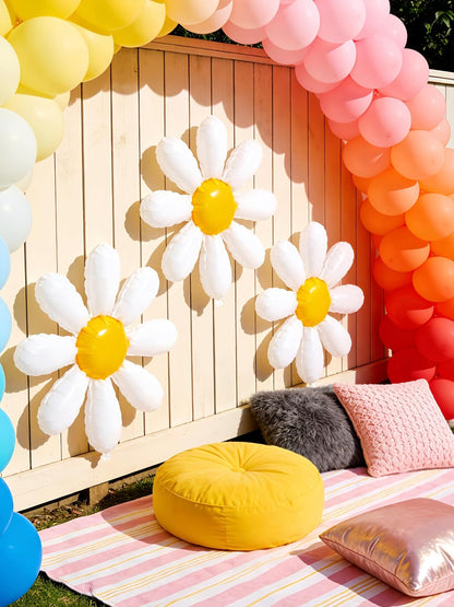 4Pcs Daisy Bow Balloons Yellow Gingham Floral Party Decor, Cute Coquette Bow and White Daisy Flower Balloons for Spring Summer Birthday Picnic Baby Shower Bridal Shower Groovy Garden Party Decor