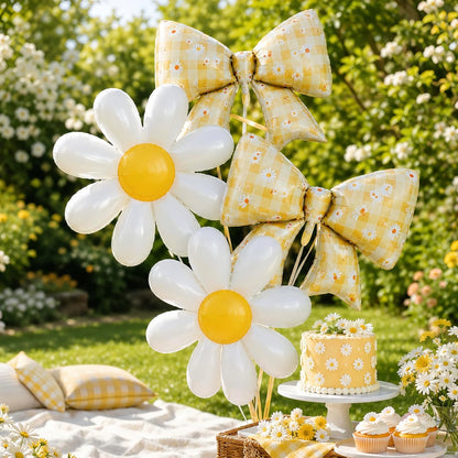 4Pcs Daisy Bow Balloons Yellow Gingham Floral Party Decor, Cute Coquette Bow and White Daisy Flower Balloons for Spring Summer Birthday Picnic Baby Shower Bridal Shower Groovy Garden Party Decor
