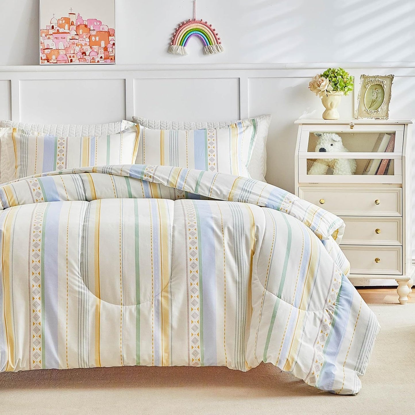 3pcs Cotton Comforter Set Queen, Stripes Boho Blue Yellow Beige Design, Soft Cozy Lightweight Bedding Comforter Set for All Seasons- 88x88 inches