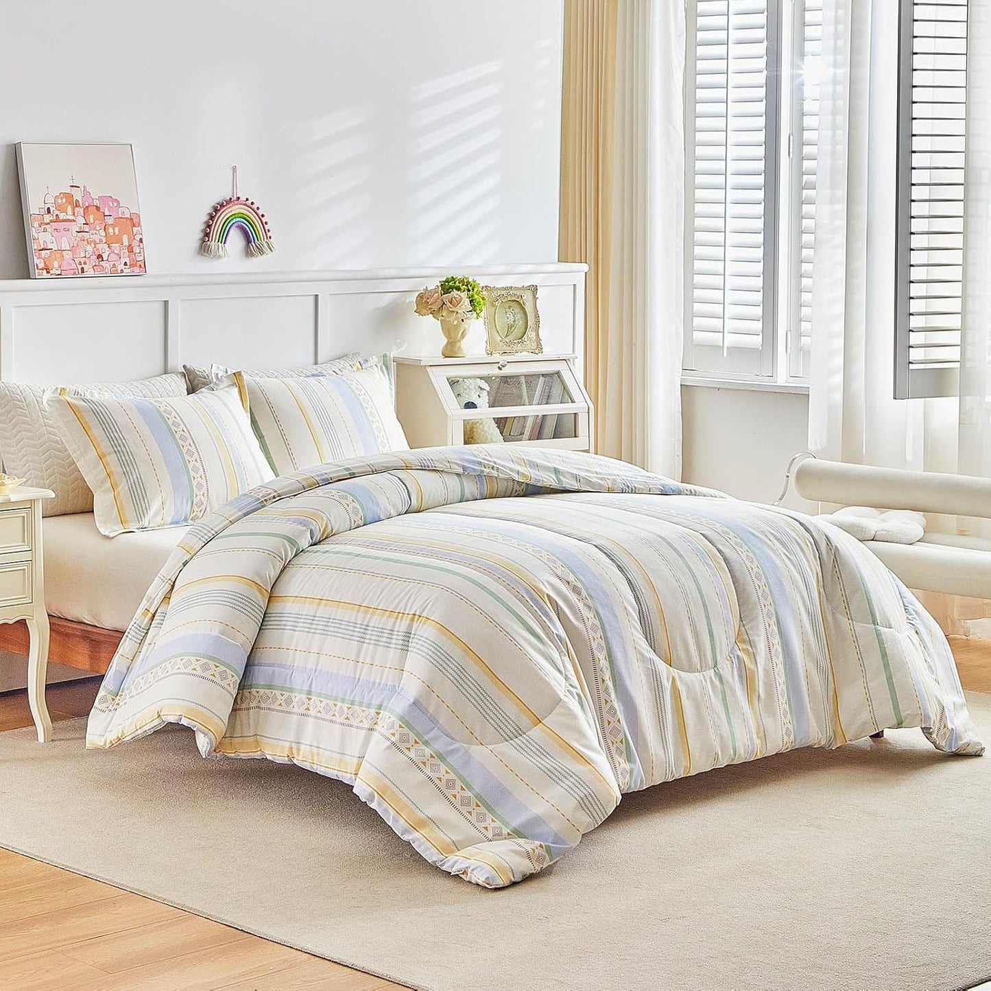 3pcs Cotton Comforter Set Queen, Stripes Boho Blue Yellow Beige Design, Soft Cozy Lightweight Bedding Comforter Set for All Seasons- 88x88 inches