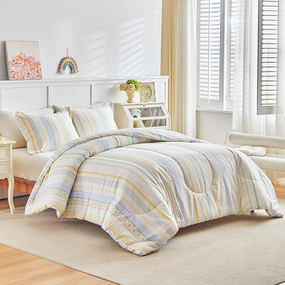 3pcs Cotton Comforter Set Queen, Stripes Boho Blue Yellow Beige Design, Soft Cozy Lightweight Bedding Comforter Set for All Seasons- 88x88 inches