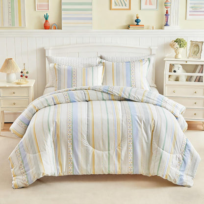 3pcs Cotton Comforter Set Queen, Stripes Boho Blue Yellow Beige Design, Soft Cozy Lightweight Bedding Comforter Set for All Seasons- 88x88 inches