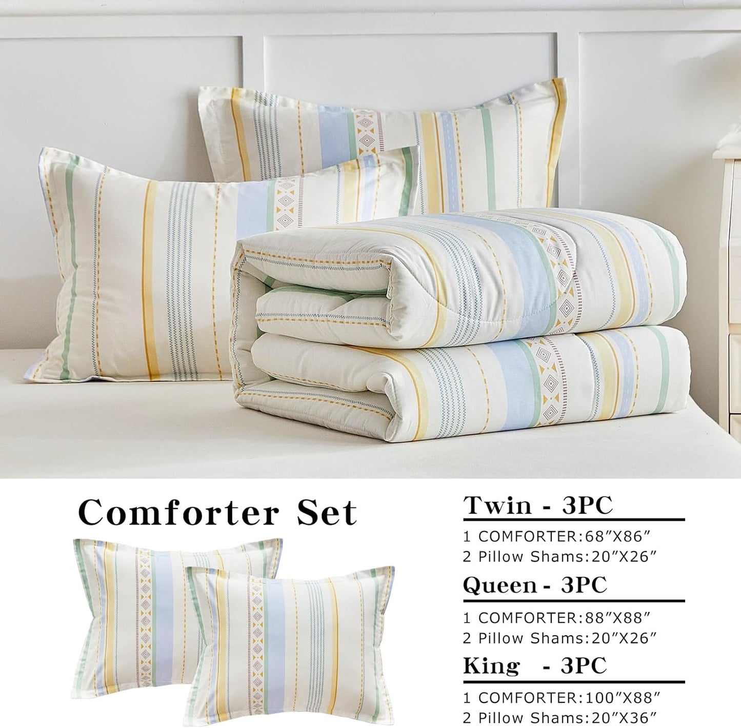 3pcs Cotton Comforter Set Queen, Stripes Boho Blue Yellow Beige Design, Soft Cozy Lightweight Bedding Comforter Set for All Seasons- 88x88 inches