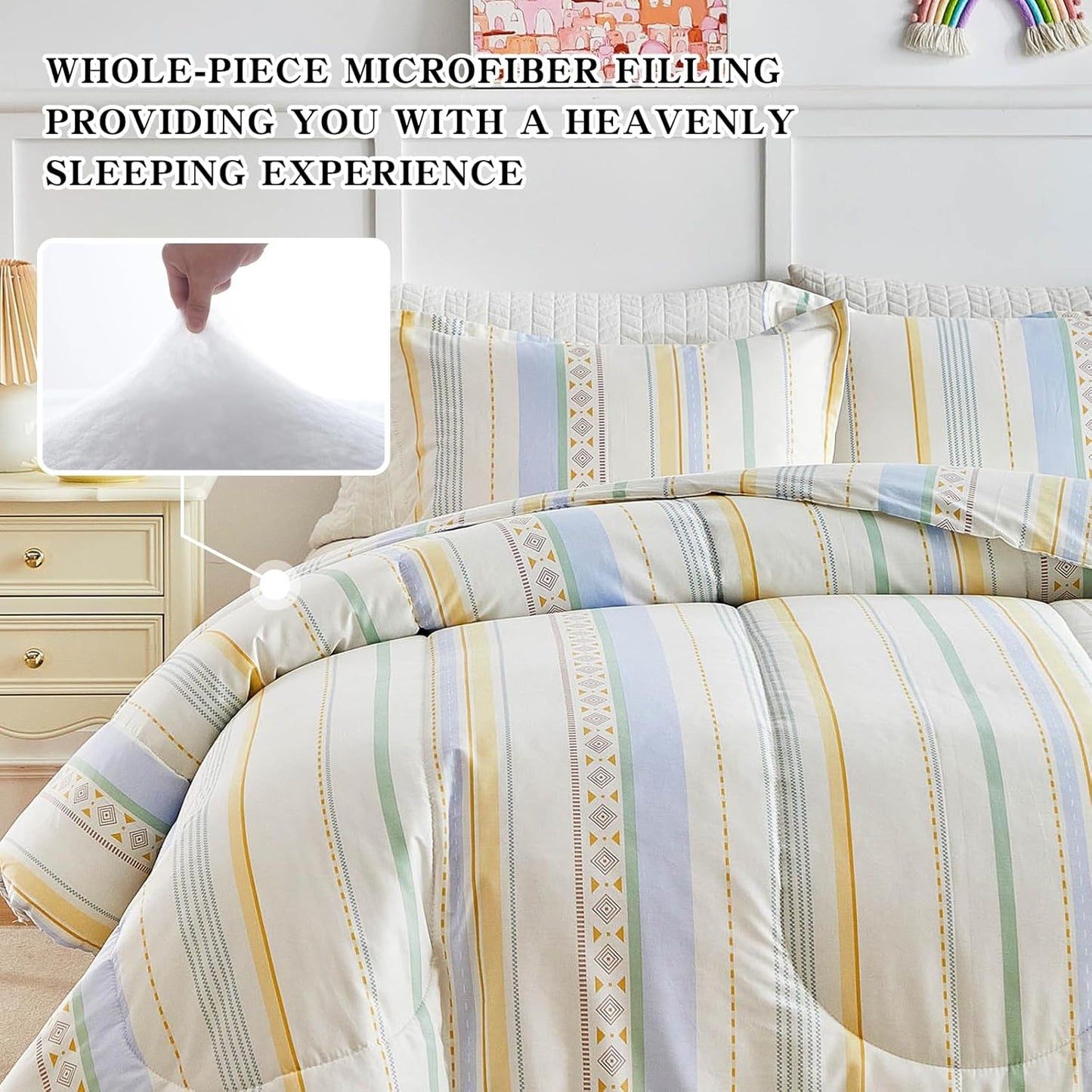 3pcs Cotton Comforter Set Queen, Stripes Boho Blue Yellow Beige Design, Soft Cozy Lightweight Bedding Comforter Set for All Seasons- 88x88 inches