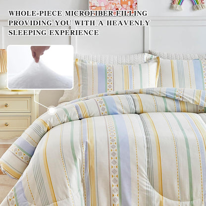 3pcs Cotton Comforter Set Queen, Stripes Boho Blue Yellow Beige Design, Soft Cozy Lightweight Bedding Comforter Set for All Seasons- 88x88 inches