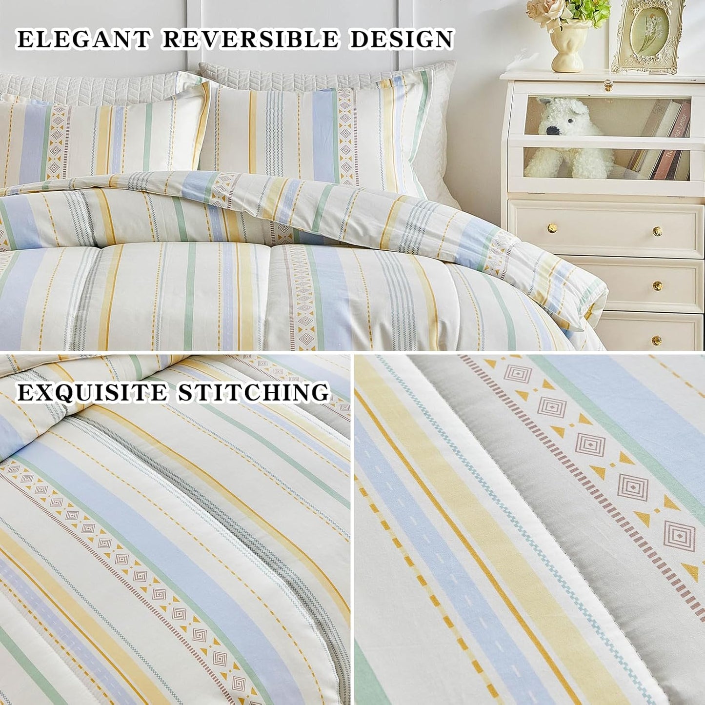 3pcs Cotton Comforter Set Queen, Stripes Boho Blue Yellow Beige Design, Soft Cozy Lightweight Bedding Comforter Set for All Seasons- 88x88 inches