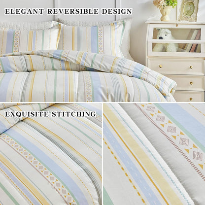 3pcs Cotton Comforter Set Queen, Stripes Boho Blue Yellow Beige Design, Soft Cozy Lightweight Bedding Comforter Set for All Seasons- 88x88 inches