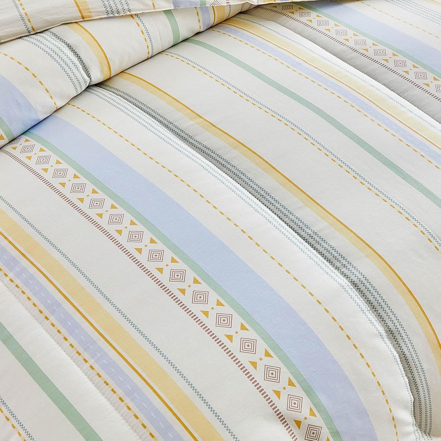 3pcs Cotton Comforter Set Queen, Stripes Boho Blue Yellow Beige Design, Soft Cozy Lightweight Bedding Comforter Set for All Seasons- 88x88 inches