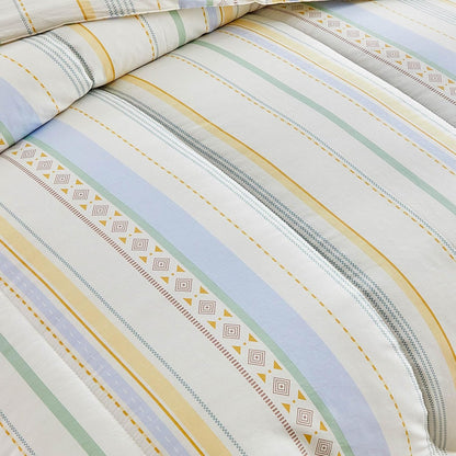 3pcs Cotton Comforter Set Queen, Stripes Boho Blue Yellow Beige Design, Soft Cozy Lightweight Bedding Comforter Set for All Seasons- 88x88 inches