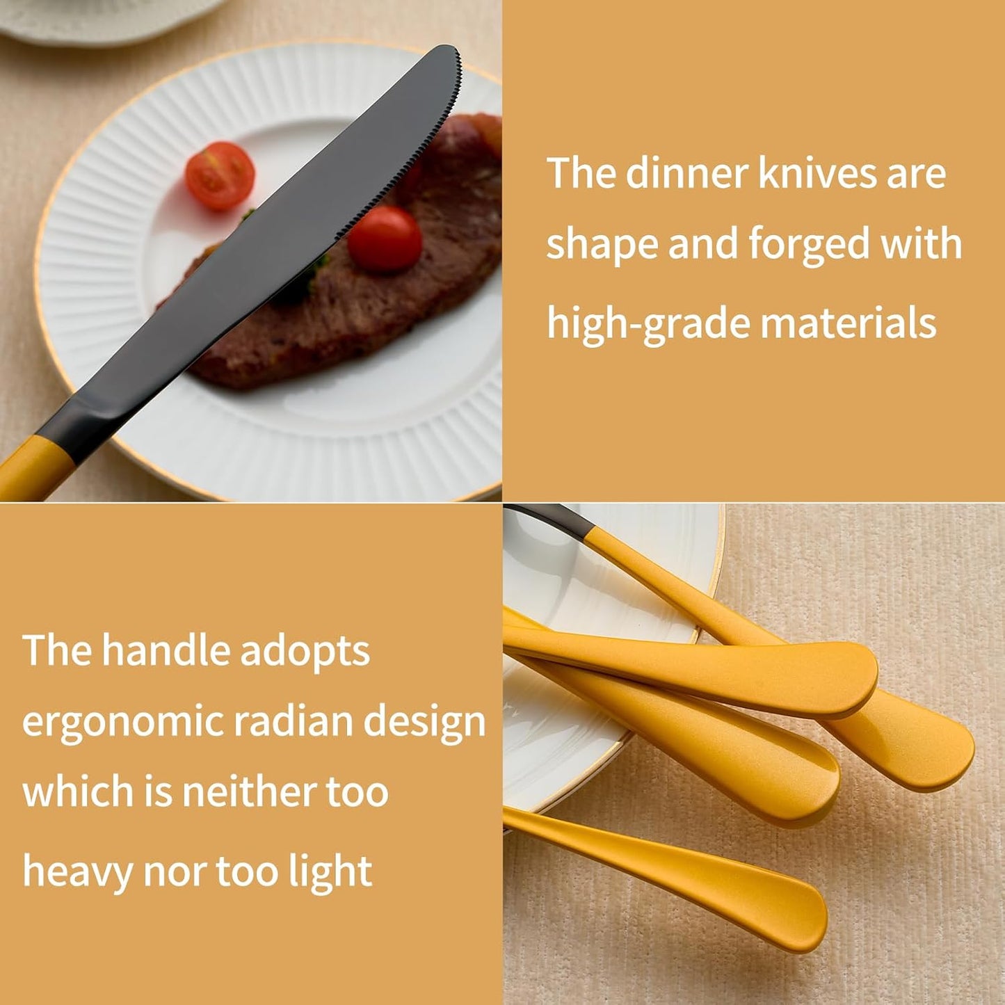 20-Piece Black Silverware Set 18/0 Stainless Steel Silverware Set Yellow Handle Cutlery Set Service for 4 Dinner Knives Forks Spoons Set Flatware Set Finish Dishwasher Safe（Black and Yellow）