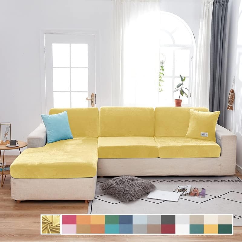 Separate Velvet Sofa Cover,Couch Covers for 2 Cushion Couch,Super Stretch Wear-Resistant Sofa Slipcovers,Washable Furniture Protector with Anti-Slip Elastic Bottom(Lemon Yellow,Large Chaise Seat)