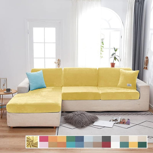 Separate Velvet Sofa Cover,Couch Covers for 2 Cushion Couch,Super Stretch Wear-Resistant Sofa Slipcovers,Washable Furniture Protector with Anti-Slip Elastic Bottom(Lemon Yellow,Large Chaise Seat)